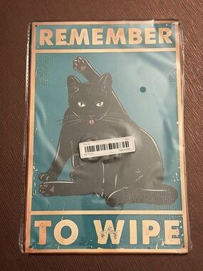 Black Cat Wall Art - Teal and Cream "Remember to Wipe"